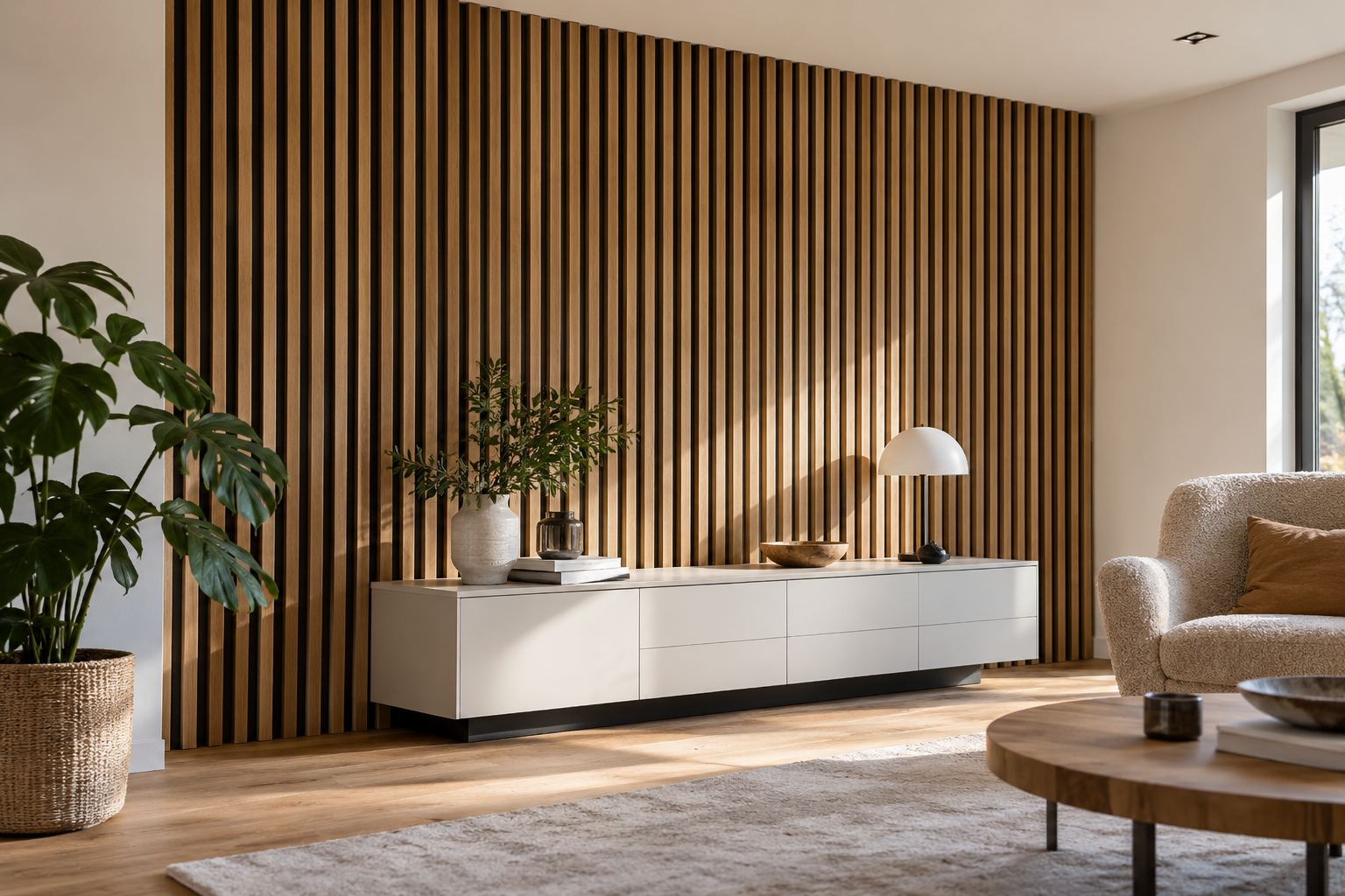 Wohnzimmerwand mit Holz-Akustikpaneelen und Sideboard
