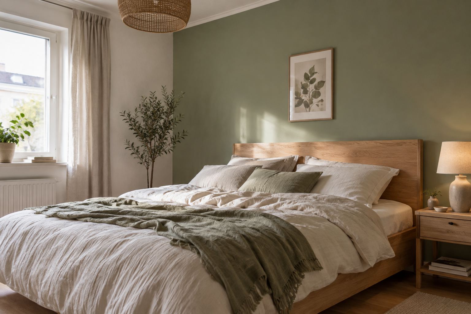 Schlafzimmer mit salbeigrüner Akzentwand