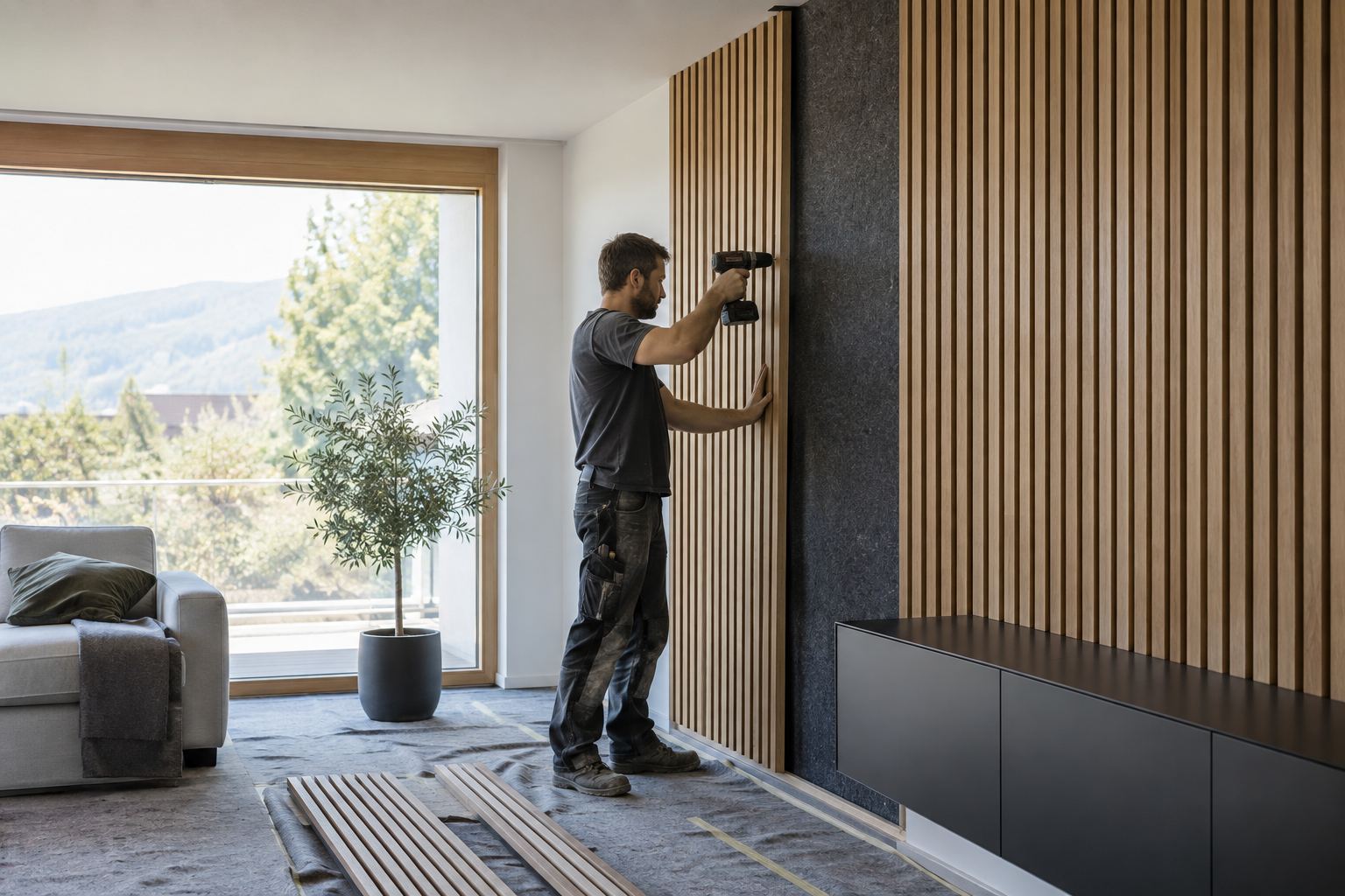 Handwerker montiert Holz-Akustikpaneele an der Wohnzimmerwand