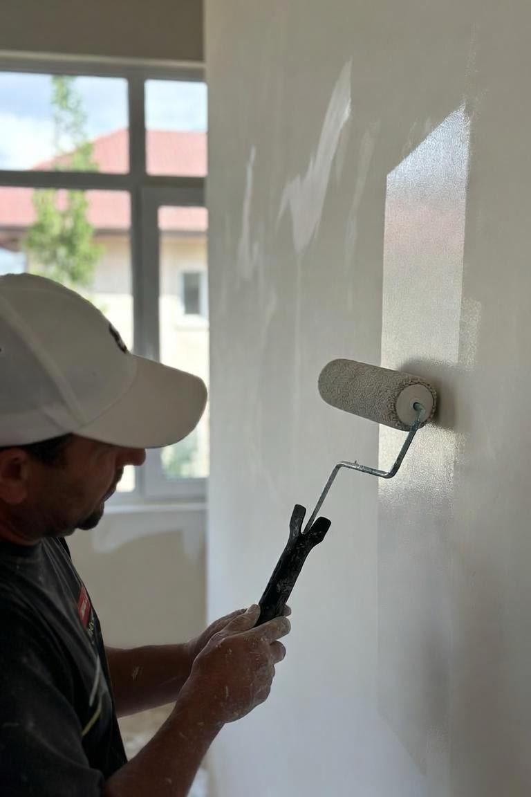 Nahaufnahme: Maler rollt Farbe auf die Wand