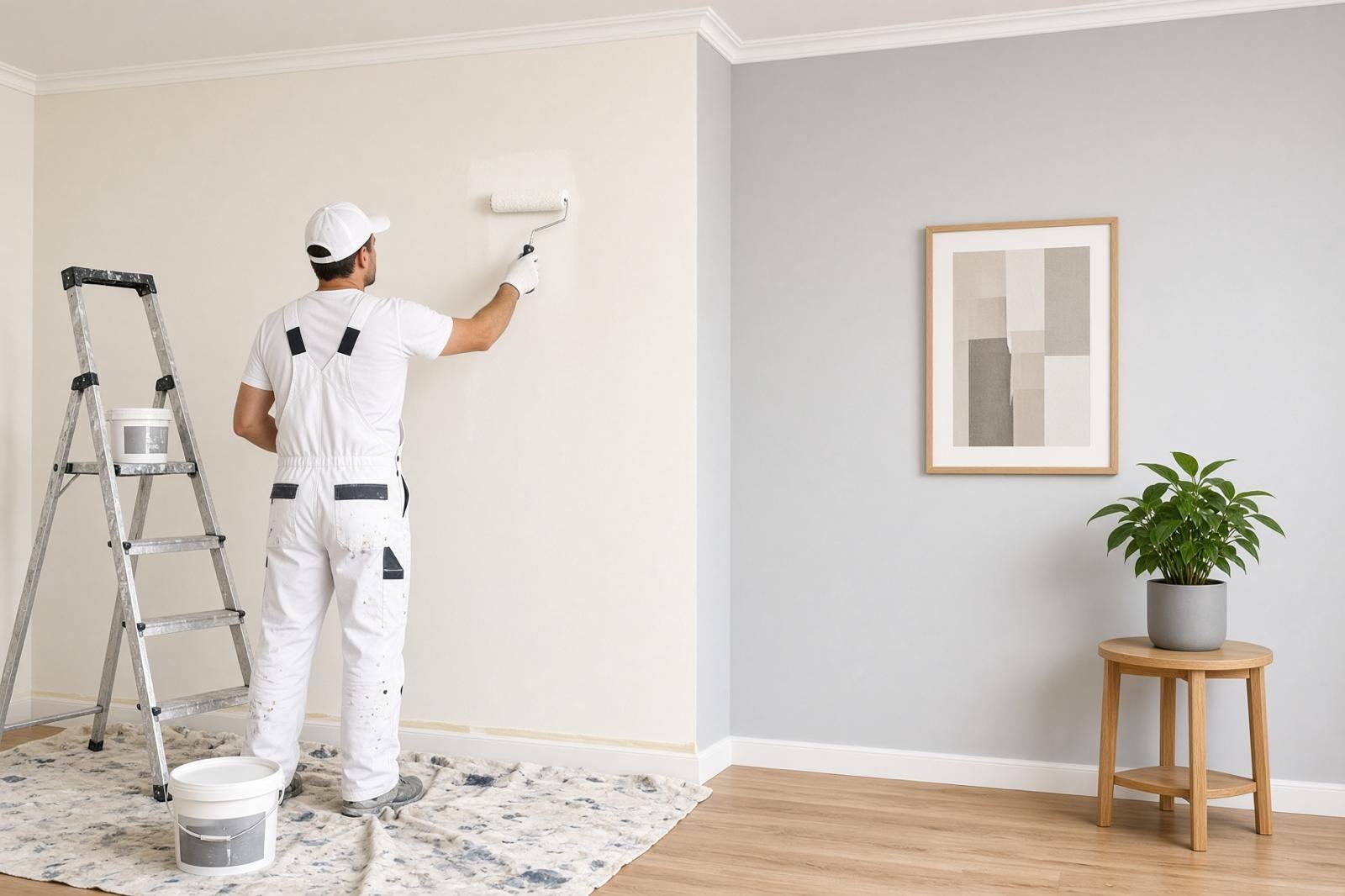 Wohnraum mit hellgrauer Wand, Maler streicht die Nachbarwand